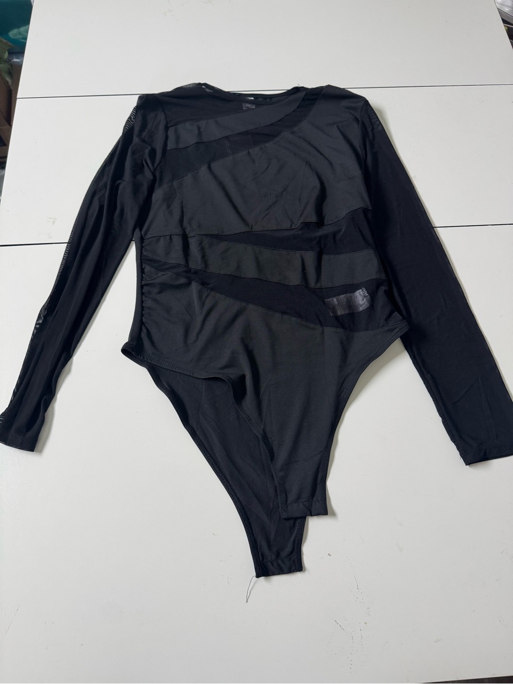Black Long-Sleeve Mesh Panel Bodysuit